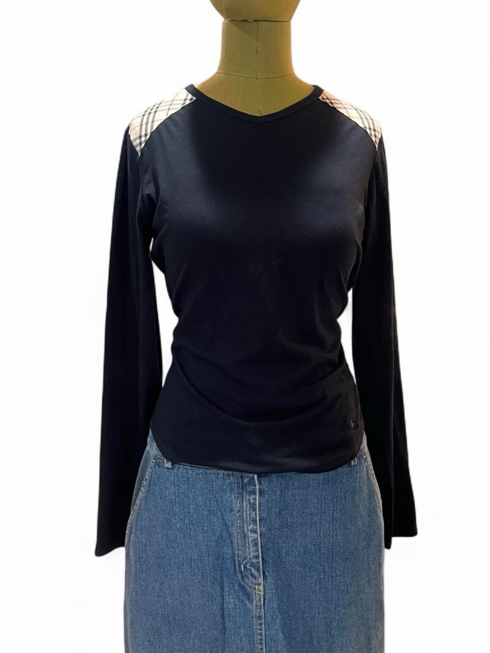 Burberry London Check Shoulder Nova Plaid Long Sleeve V-Neck Top Black Medium